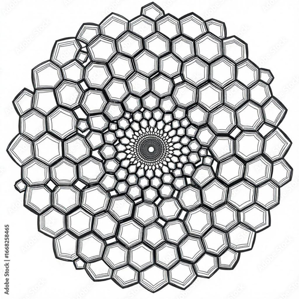 Poster minimilist circular pattern of interconnected polygons radiating from a central vortex design elemen