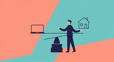 Modern Work-Life Balance: Professional Weighing Laptop vs. Home, Emphasizing Digital Lifestyle and Career Choice