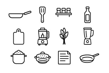 Vegan Cooking Icons. Outline icon set of vegan cooking essentials: nonstick pan, wooden spatula, spice rack,