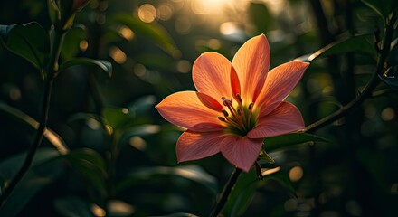 Golden Hour Bloom: Peach Lily in Deep Green Foliage