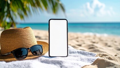 Smartphone mockup on beach towel with hat and sunglasses