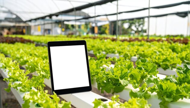 Tablet mockup in greenhouse among lettuce plants