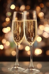 Two Champagne Flutes with Bubbles and Bokeh Lights Background