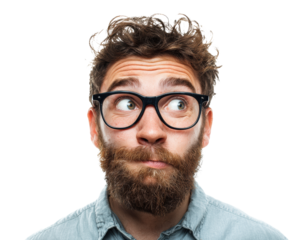Confused man with glasses expresses curiosity in casual setting, cut out transparent 