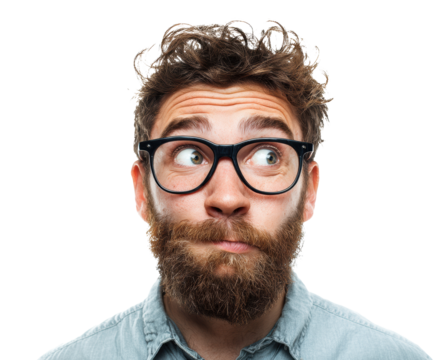 Confused man with glasses expresses curiosity in casual setting, cut out transparent 