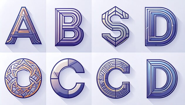 A set of stylized capital letters, featuring a modern, geometric design with a cool color palette and a 3D effect.
