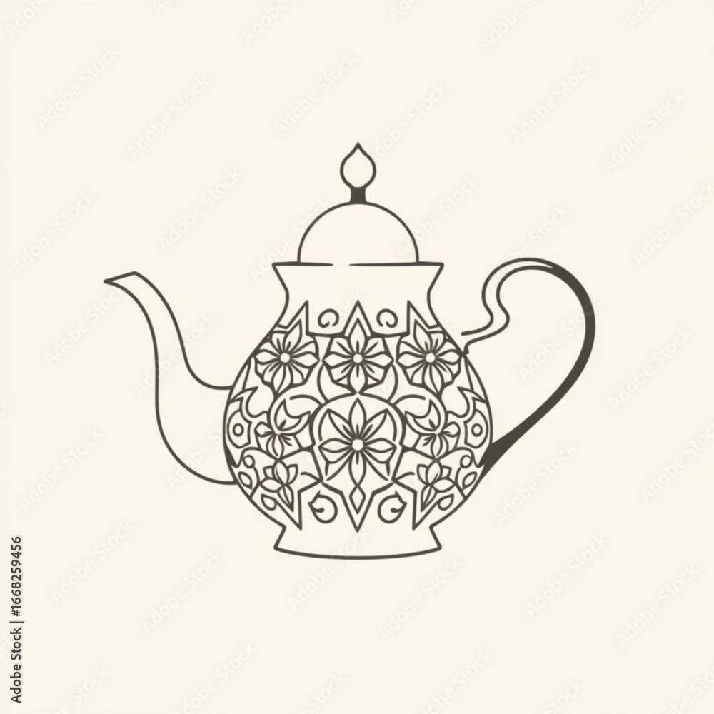 Poster minimilist teapot outline with floral pattern design and curved handle on a light cream colored back