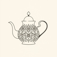Minimilist teapot outline with floral pattern design and curved handle on a light cream colored background illustration vector