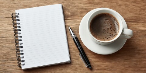 Notebook, Pen, and Coffee Cup on Wooden Desk for Business or Creative Concepts