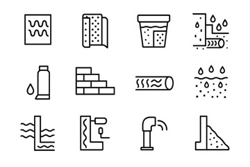 Waterproofing Icons Grid. Outline icon set of waterproofing and drainage barriers: waterproof membrane,