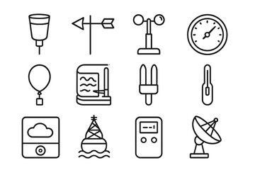 Weather Instruments Icons. Outline icon set of climate data collection: rain gauge, wind vane, anemometer,