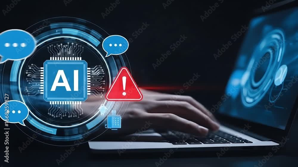 Poster artificial intelligence threat warning sign and chat bubbles displayed on computer