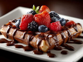 Cinematic, high-definition photograph of a luxurious Belgian Waffle drizzled with chocolate sauce and fresh berries, presented on a white plate with crisp detail and professional lighting.

