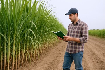 Farmer Inspecting Sugarcane Crop Quality with Book, Standing in Field Under Overcast Sky for Agricultural Business