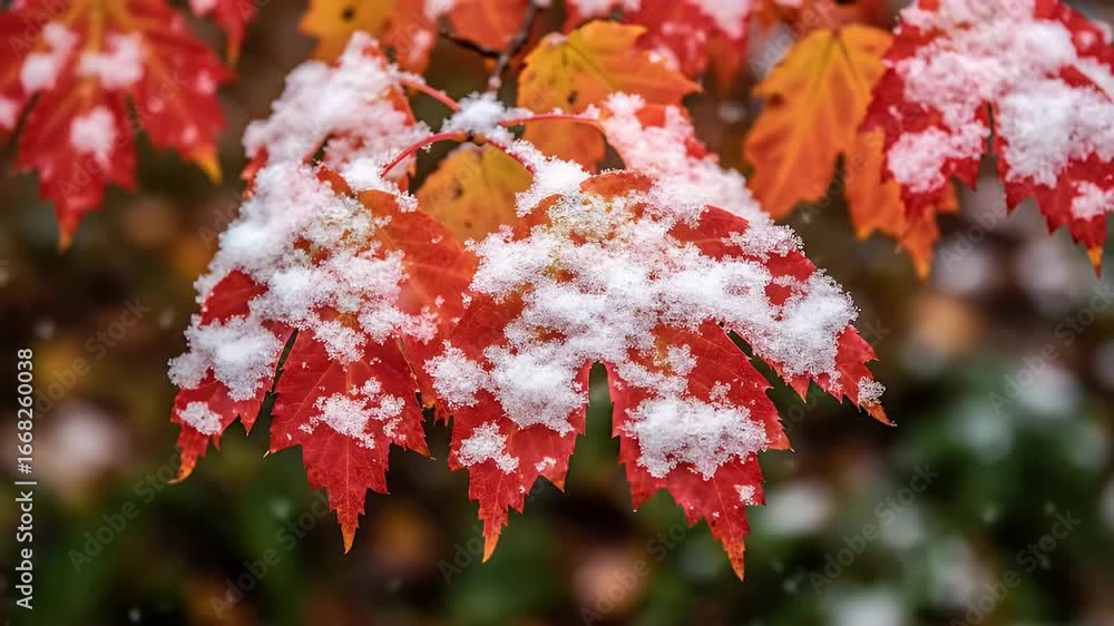Poster red leaves partially covered with snow are in sharp focus against a blurred background of foliage