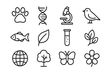 Wildlife Preservation Icons. Outline icon set of wildlife genetic preservation: paw print, DNA strand,
