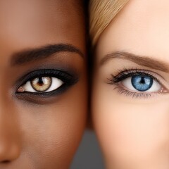 Fototapeta premium Close-up of two diverse women showcasing striking eye colors, one with dark skin and brown eyes, the other with light skin and blue eyes, emphasizing beauty and diversity in human features