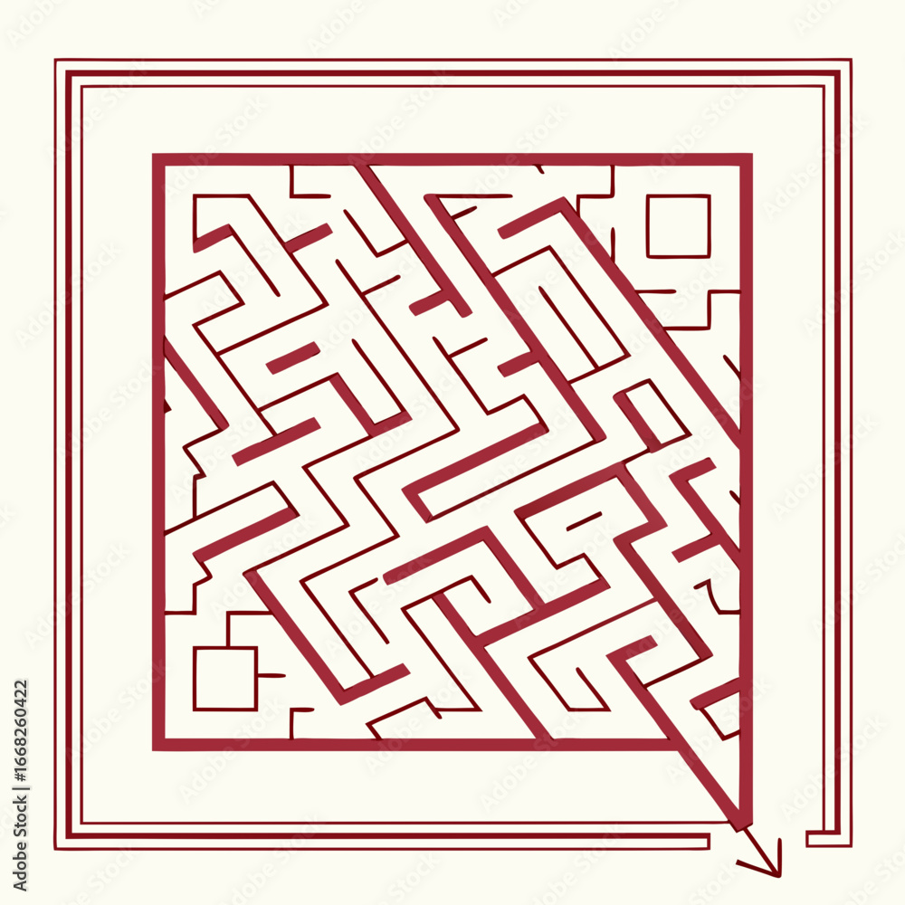 Poster minimilist square maze with solution path in maroon color surrounded by a maroon border on a cream b