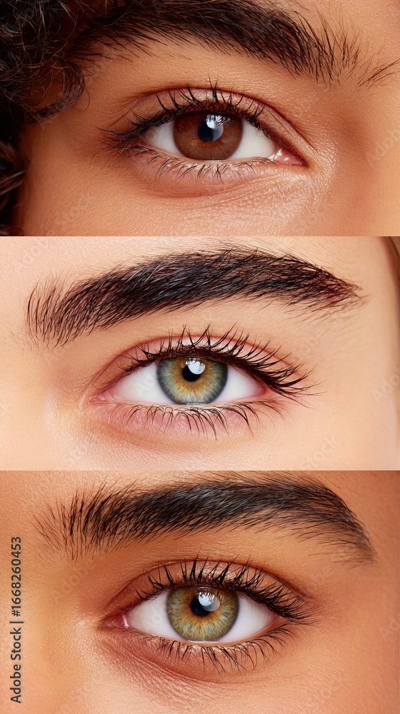 Poster close-up view of three diverse human eyes showcasing unique colors and textures, highlighting the be