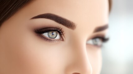 Fototapeta premium Close-up of a young woman with striking blue eyes and perfectly shaped eyebrows, showcasing her natural beauty and elegance in a soft, blurred background with warm tones