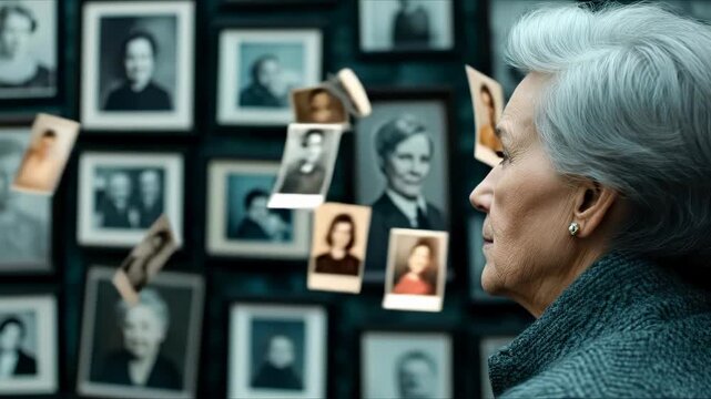 Senior woman observing old framed family pictures. Floating vintage images depict ancestral memory, genetic heritage, generational history, and family lineage research.