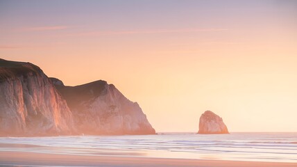 Dramatic coastal cliffs and sea stack at sunrise with soft pastel sky
