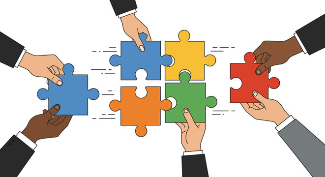 Diverse team collaboration piecing together a colorful jigsaw puzzle in a strategic partnership project
