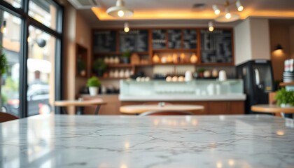 Empty marble tabletop, blurred coffee shop background Ideal product placement, clean, mockup