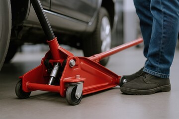 Obraz premium Red Hydraulic Floor Jack Lifting Car for Tire Change in Automotive Repair Shop