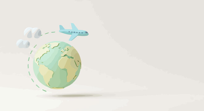 Flat vector illustration of airplane flying over globe, minimal clean design, simple shapes, pastel colors, travel and aviation concept, tourism, global business, education, flat cartoon style