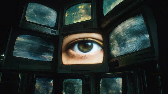 Dramatic TVs stacked on black, central screen shows close-up of an eye. Concept of surveillance, Big Brother, privacy invasion, and digital observation.