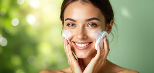 Radiant young woman cleanses face with foam, touching her cheeks. She smiles happily, promoting skincare products, moisturizing, and makeup removal with gentle touch.