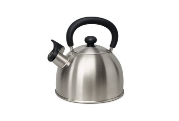 Classic brushed stainless steel stovetop whistling kettle with a black handle and lid perfect for brewing hot beverages isolated on transparent background