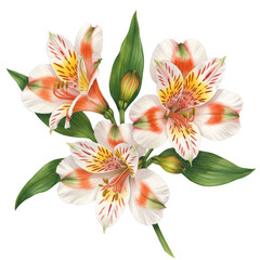 Fototapeta premium 白い花びらのオレンジと黄色の斑点を持つ花のイラスト 透明な背景に緑の葉を持つ花束
