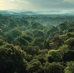 Fototapeta premium green forest in daylight seen from over the tree top