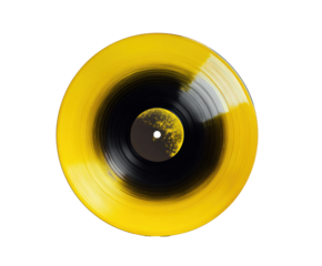 Unique vintage vinyl record in vibrant yellow and black swirl design, cut out transparent 