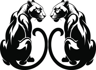 Two majestic panthers facing each other in a powerful symmetrical pose with graceful curled tails