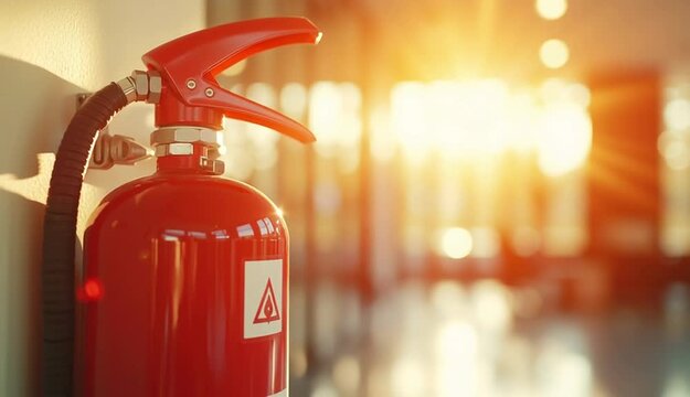 red fire extinguisher mounted on a wall, with sunlight streaming through the background