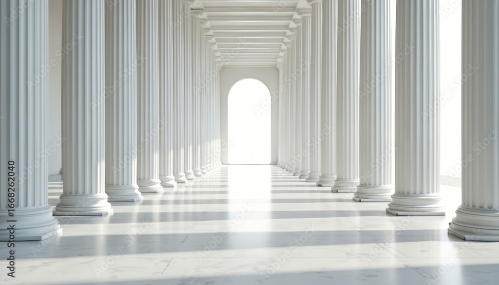 Poster long empty hallway with white pillars and marble floor. the classical architecture creates a sense o