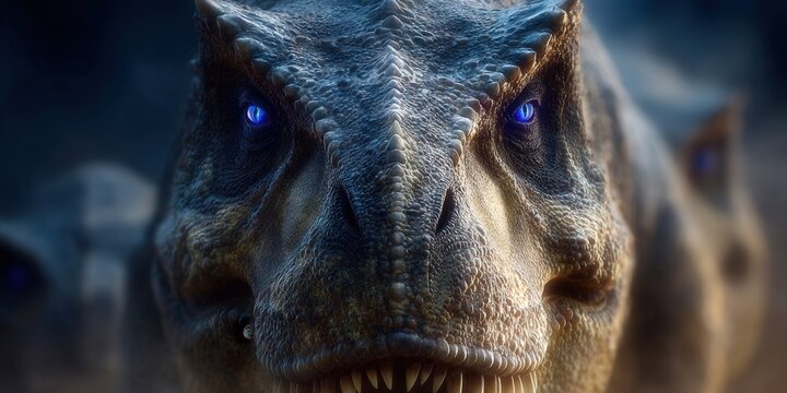 A menacing tyrannosaurus rex stares intensely with glowing blue eyes.