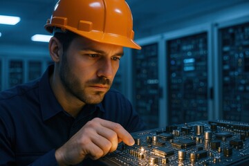 IT Technician Inspecting Server Hardware in Data Center Wearing Hard Hat for Safety