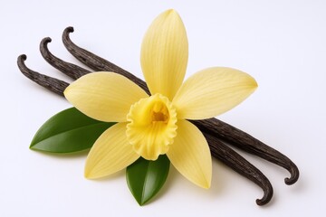 Aromatic Vanilla Bean Arrangement with Delicate Flower and Green Leaves on White Background