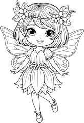 Adorable pixie with floral crown and delicate wings in a charming hand drawn coloring page