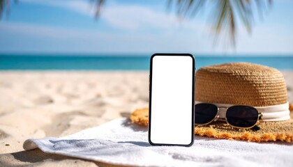 Smartphone mockup on tropical beach with sun hat and shades