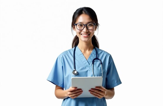 Young Asian doctor in blue scrubs, stethoscope uses tablet. Pro female practitioner from Indonesia smiles cheerfully, modern healthcare, technology in medical field. Represents bright future in