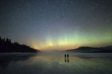 Fototapeta premium People watching northern lights over frozen lake under clear starry winter sky