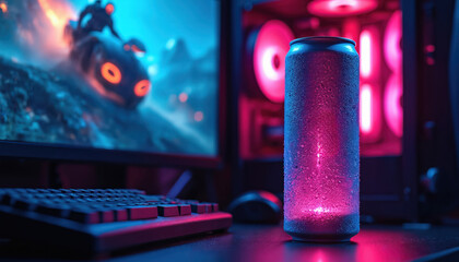 Vibrant energy drink sits by colorful gaming PC setup. Condensation covers chilled beverage, offering refreshment for gamer needing hydration. Scene features sleek workstation with high-tech