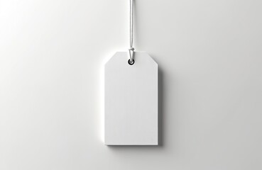 Blank white gift tag mockup with string on white background. Clean, simple design suitable for branding, marketing, retail, advertising needs. Elegant template for price labels, merchandise tags,