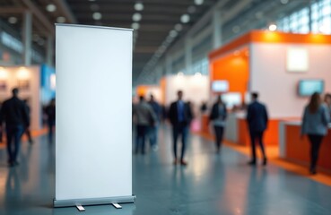 Blank roller banner stands in busy convention center with blurred background. Perfect for promotional signage, advertising space, and commercial marketing presentations at trade shows and exhibits.