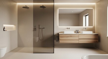 Serene Modern Bathroom with Warm LED Lighting, Floating Wood Vanity, and Glass Shower Enclosure.